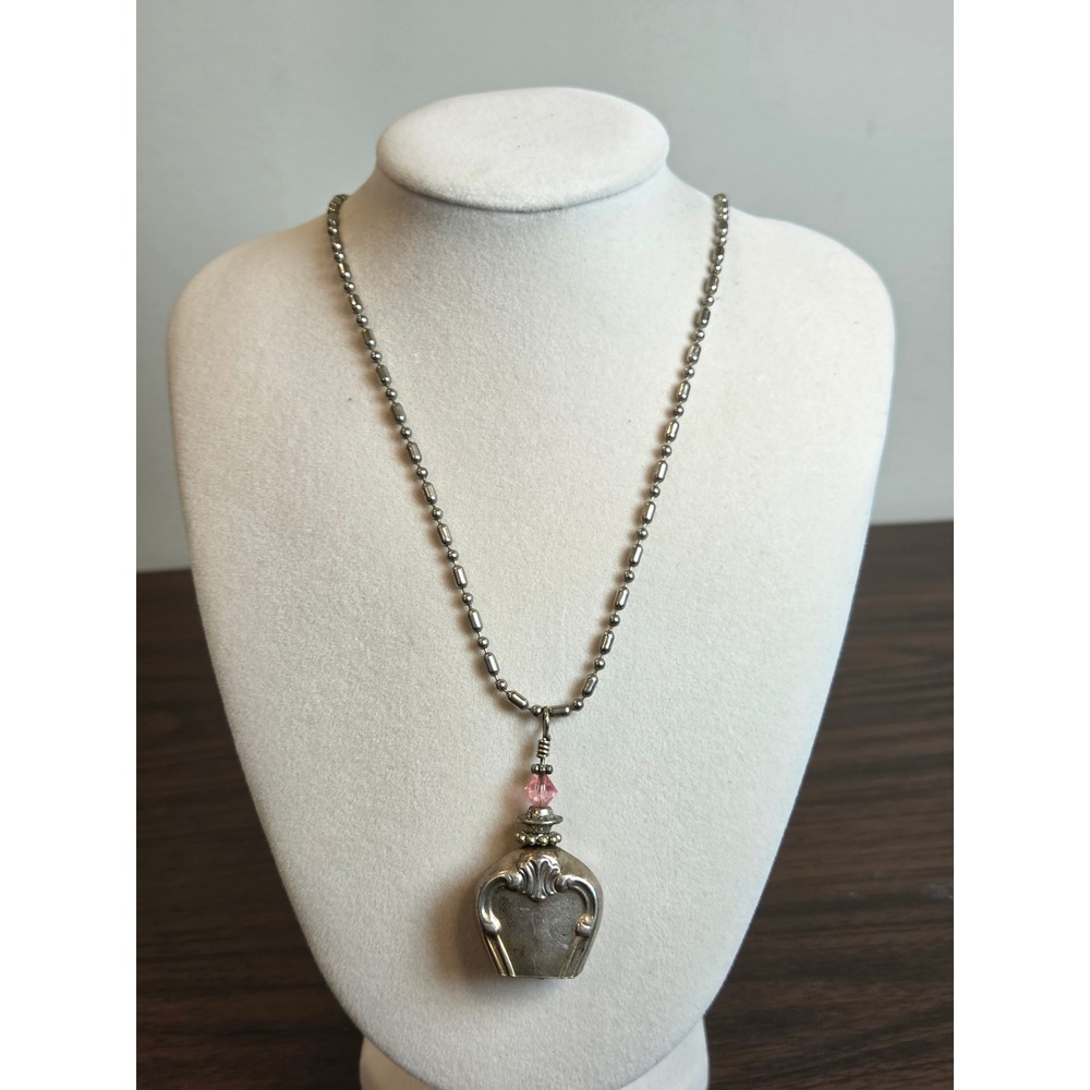 Vintage Silver Tone Ornate Bell Pendant Necklace Pink Crystal Ball Chain 30 Inch